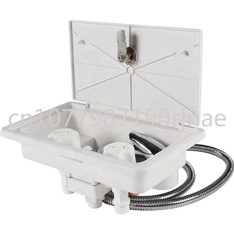 

Caravan Accessories White Two Rotary Knob and Metal Hose Camper Motorhome External Shower Box