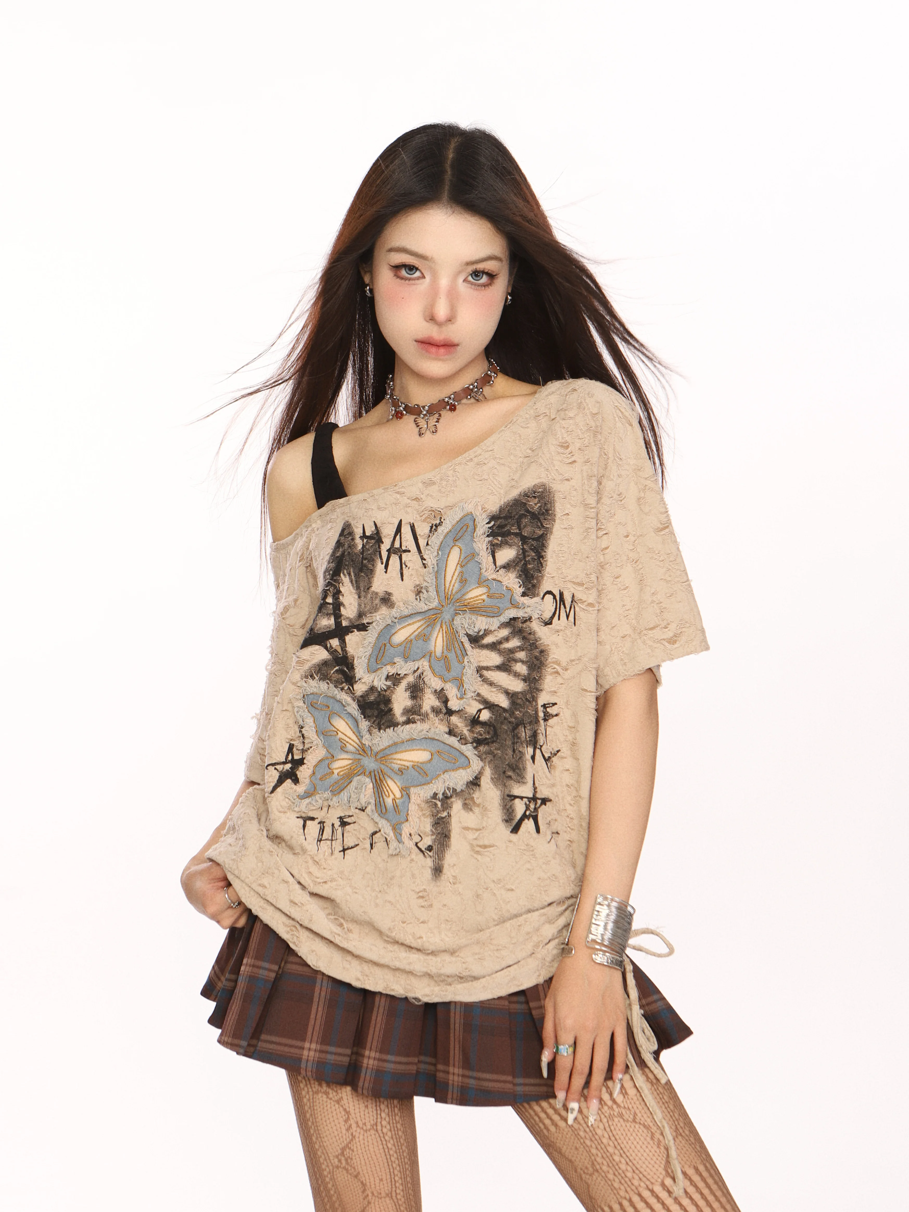 High Quality Hot Selling Wholesale Hollowed Out Butterfly Off Shoulder Short Sleeved Ripped T-shirt Women's Design Sense Top Y2k