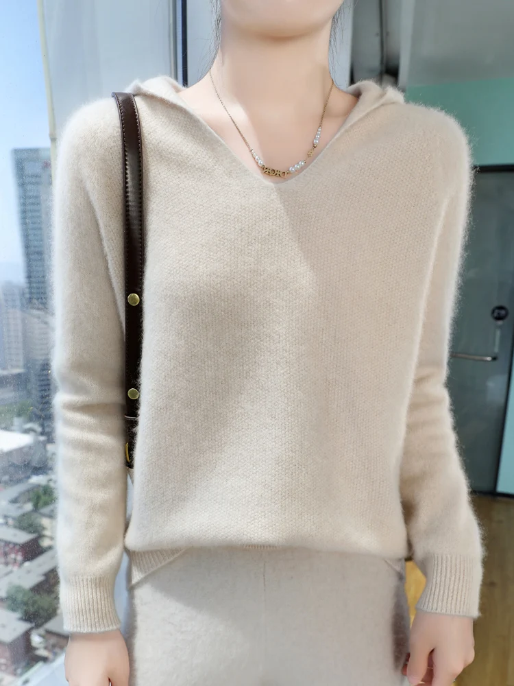 ฤดูใบไม้ผลิฤดูใบไม้ร่วงสีทึบ Osmanthus เข็ม Hooded Pullover 100% Merino ขนสัตว์เสื้อถักเสื้อกันหนาวผู้หญิงสไตล์เรียบง่ายเสื้อผ้า Tops