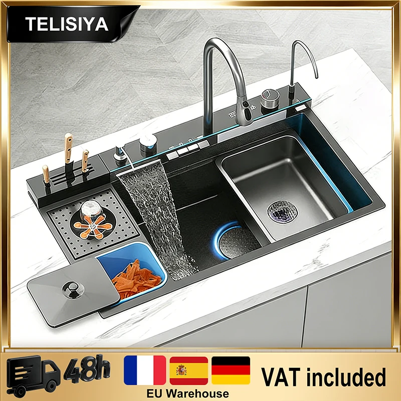 

Waterfall Stainless Steel Kitchen Sink Multifunctional With Knife Rack Digital Display Faucet Wash Dish Basin Large Single Slot