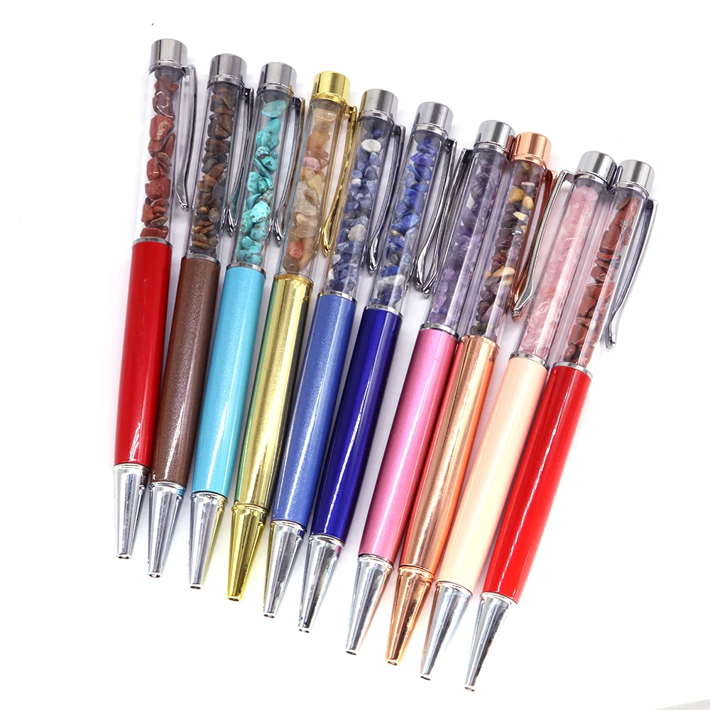 7 Pcs/Lot Healing Crystal Pen Natural Gravel Stone Diamond Ballpoint Chakras Stationery Ballpen Gemstone Stylus Touch Wholesale
