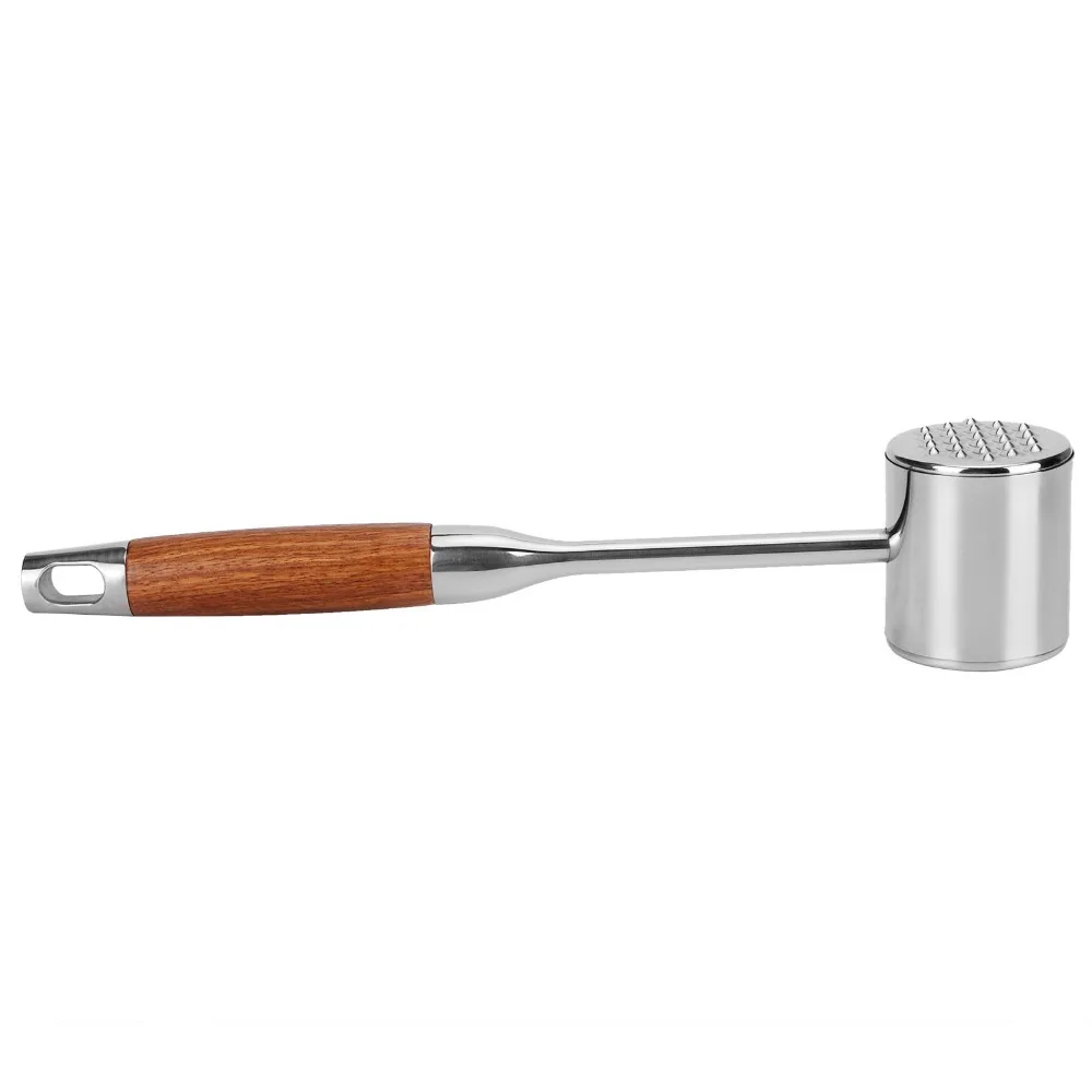 304 Stainless Steel Meat Tenderizer Tool Wood Handle Dual Sided Meat Mallet Hammer Hanging Loop Silver Brown Meat Hammer