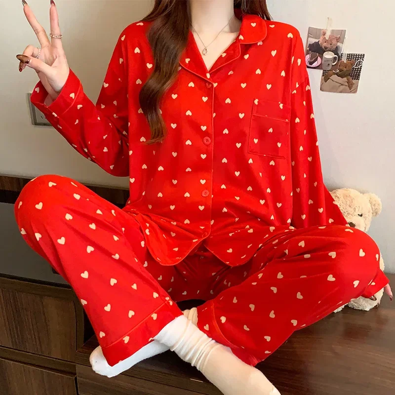 2-teiliges Set Damen Frühling Herbst Herz-Print Pyjama Mädchen Lässiger Langarm-Hosen-Pyjama Damen Mode Homewear Set Loose Loungewear