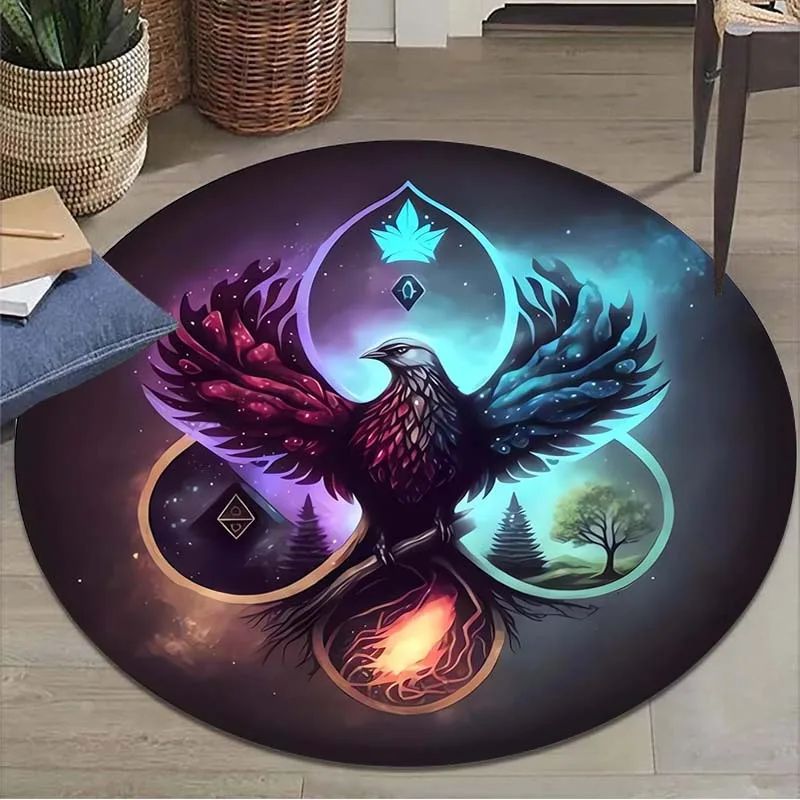 Mystical Crow Elemental Symbols Round Rug Flannel Esoteric Magic Floor Mat for Meditation Room Spiritual Decor Area Carpet