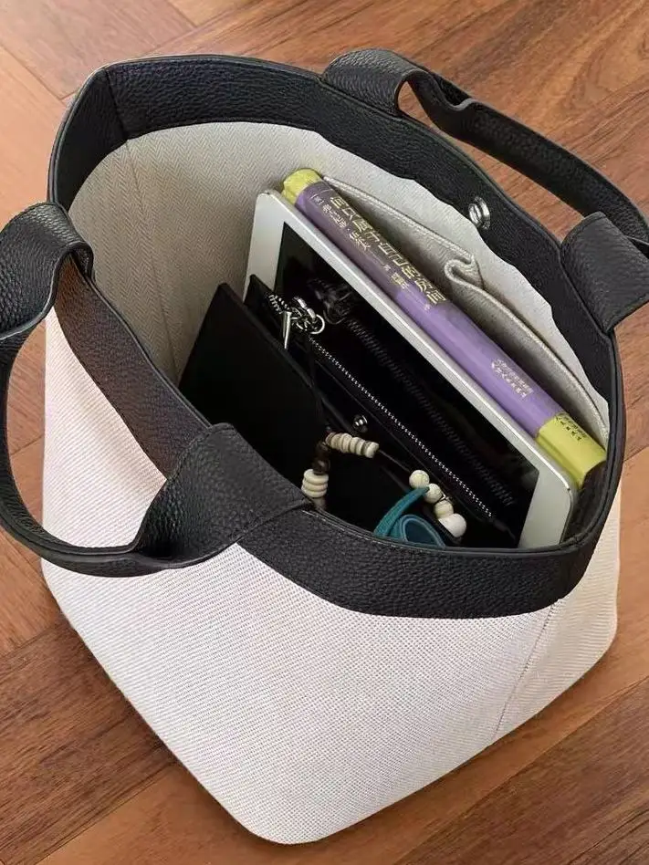 2026 New Minimalist Commuter Color Block Bucket Bag Dragon Boat Bag Japanese Style Handbag Women's Bag High-End Canvas PU