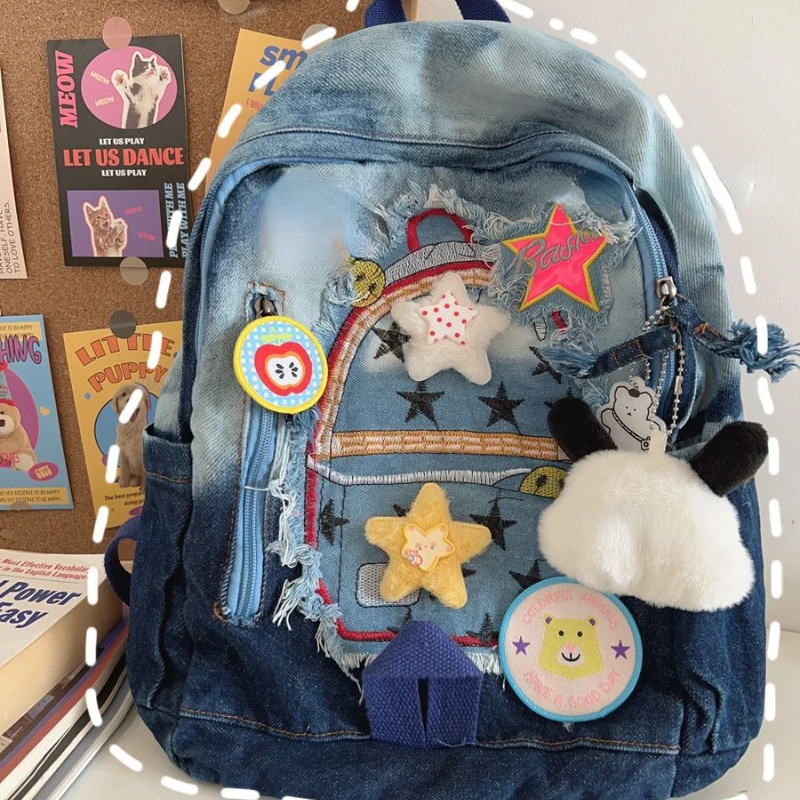 High-capacity Women Denim Gradient Backpack Personality Harajuku Star Schoolbags Y2k Aesthetic Fashion Casual Students Backpacks