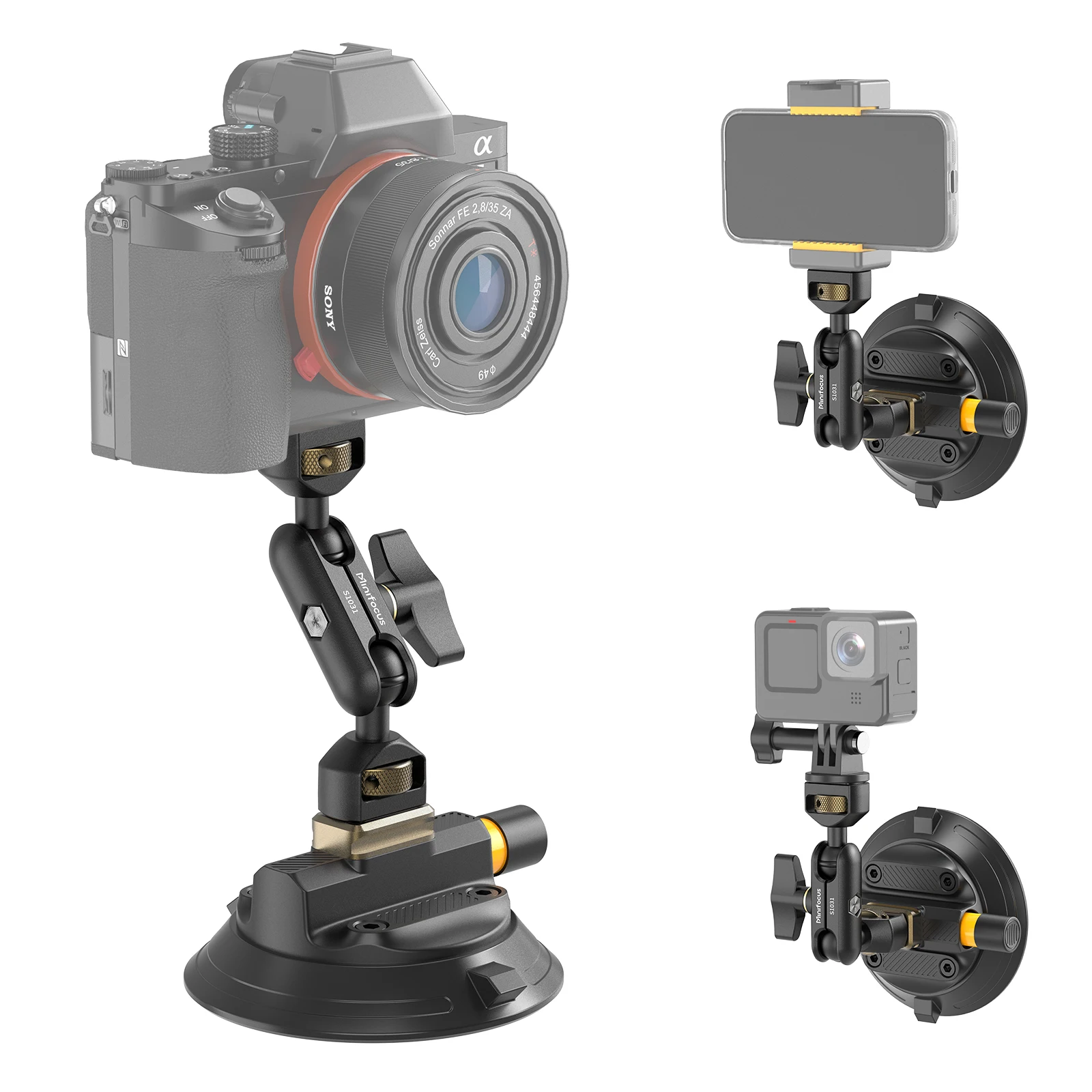 Car Suction Cup Mount with 360° Ball Head Magic Arm 1/4" ARRI Quick Release Car Mount with Action Camera Adapter