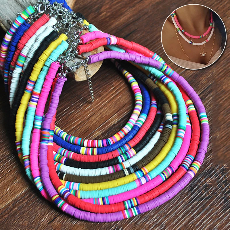 Boho Style Necklace Colorful Clay Beaded Choker Party Rainbow Polymer Clay Necklace Jewelry Gifts for Women Girls Adjustable