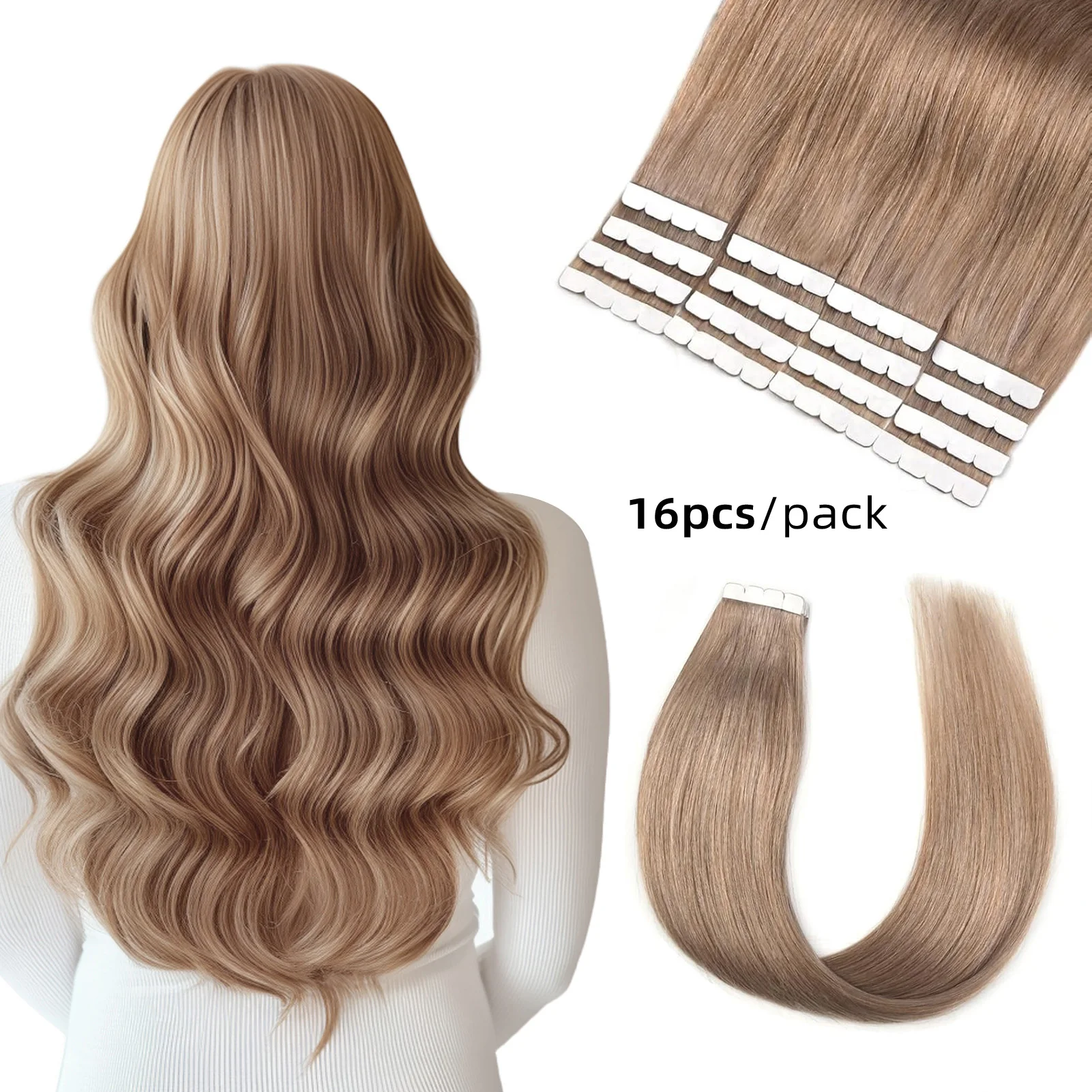 

Vlasy 16pcs Ash Brown Mini Tape In 100% Human Hair Extensions Strap Seamless Invisible Straight Strap Real Human Hair 12''-24''