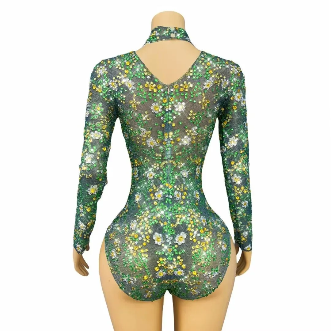 Seksowny, błyszczący strój sceniczny, ręcznie robiony kombinezon z siateczki i dżetów, damski kostium na wesele, urodziny, pokaz mody, występ.