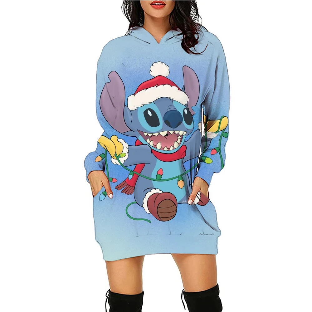 Disney Stitch Kawaii Women\'s Hoodies Dress Pullovers Streetwear 2024 Y2k Christmas Print Hoodie New S-3XL High Quality Lovely