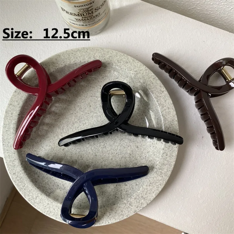 8pcs/lot Retro Red Large Cross Hair Clip Simple Bun Shark Claw Clip High-Grade Fine Glitter Blue Hair Pin PC Material Accessory
