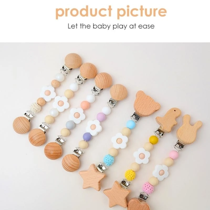 J15U – attache-sucette en bois hêtre pour bébé, porte-sucette pour bébé, poussette, chaîne sucette, parfaite pour usage