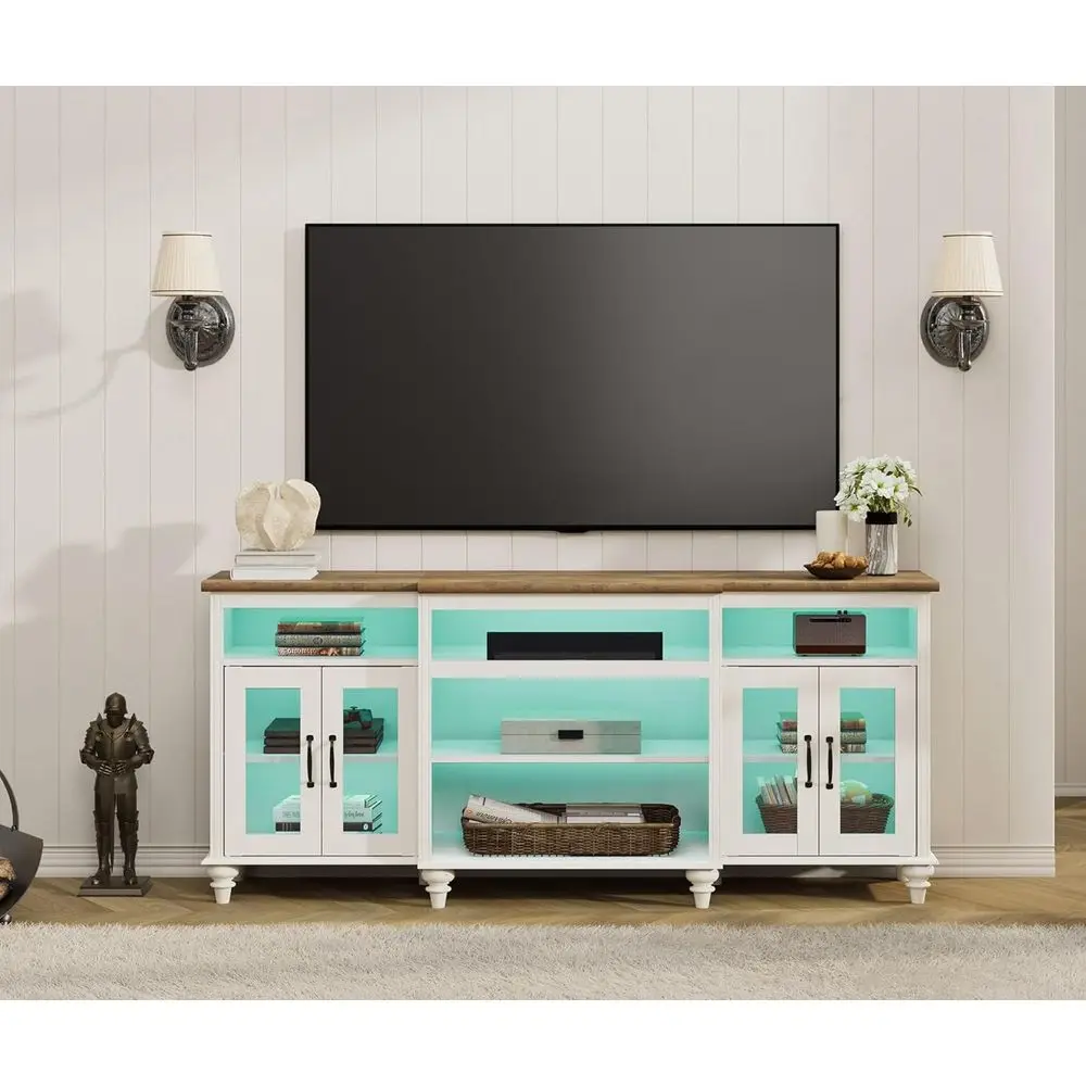 70 Antique White 4-Door Wood TV Stand with LED Lights and 9 Storage Cabinets for Living Room or Bedroom