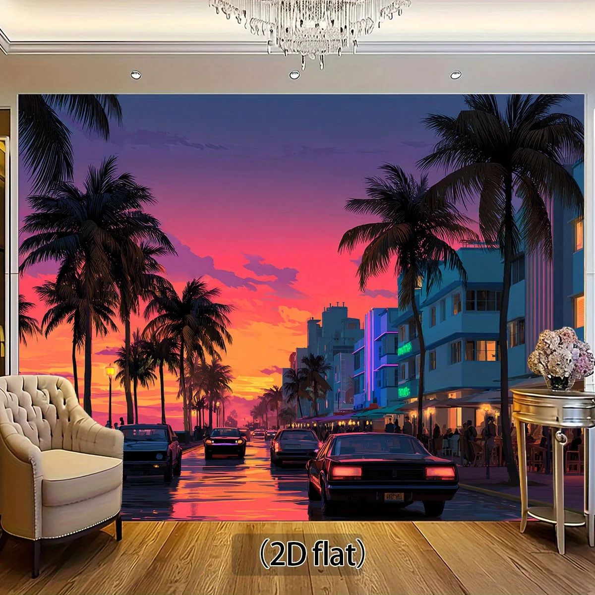 Vibrant Sunset Miami Beach Street Scene Mural Wallpaper for Living Room or Bedroom Decor