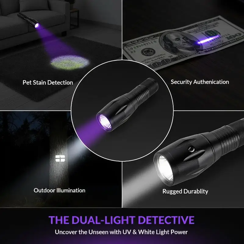 Zoomable 2 IN 1 UV Flashlight 395nm Purple White Dual Light Ultraviolet Torch for Scorpion Hunting Rock Mineral Identification