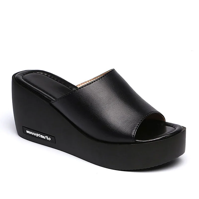 Sandals women slippers high heels ladies mules black wedding party platform shoes peep toe shoes women genuine leather slippers