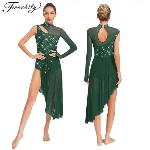 Vestido de baile lírico moderno con diamantes de imitación brillantes para mujer, vestidos de leotardo de malla transparente con un hombro, traje de acrobacias para patinaje y gimnasia