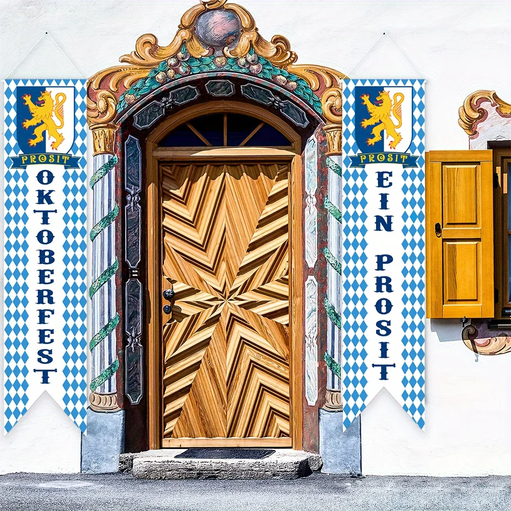 2-teiliges Oktoberfest-Willkommensbanner-Set, 51,1 x 11,8 Zoll, Blau-Weiße Bayerische Fahnen, Veranda-Dekoration für das Deutsche Bierfest – Detail 5