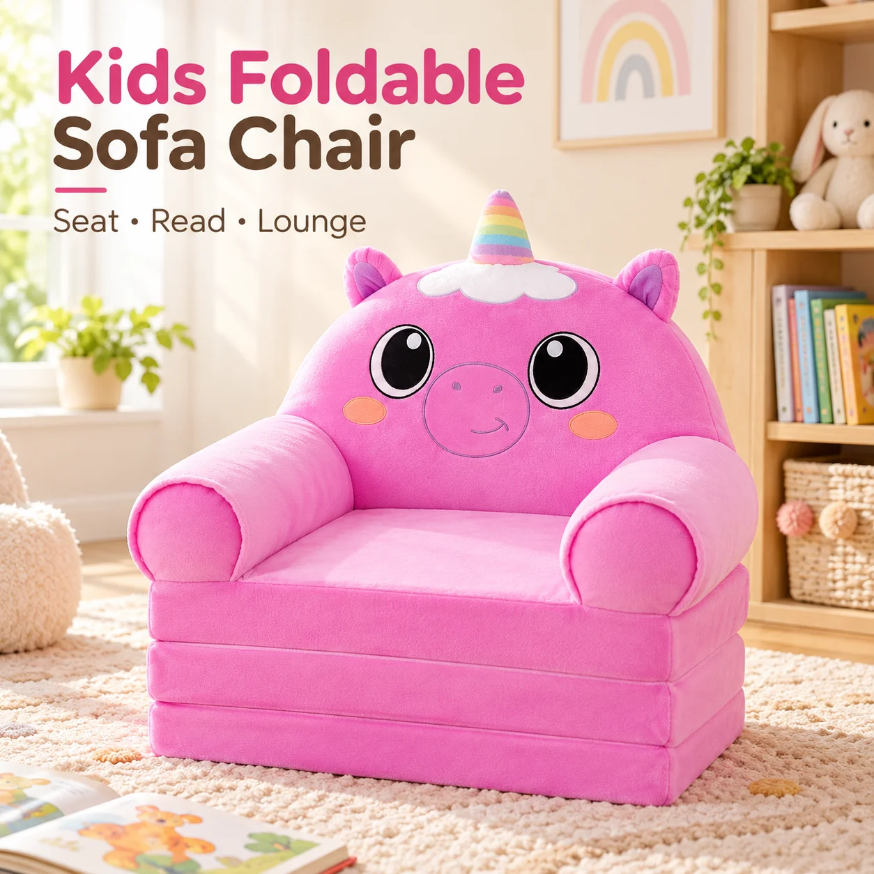 AOLIVIYA Kids Foldable Sofa Toddler Couch Plush Chair Convertible Floor Lounger Cartoon Animal Seat For Bedroom Playroom