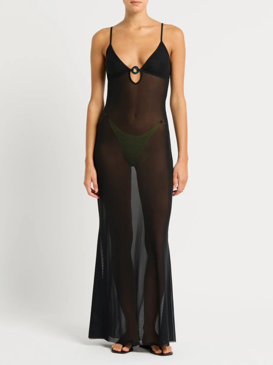 Vestido largo sexy transparente de malla transparente con recortes de lunares y espalda descubierta vestidos largos ajustados para cubrir la playa