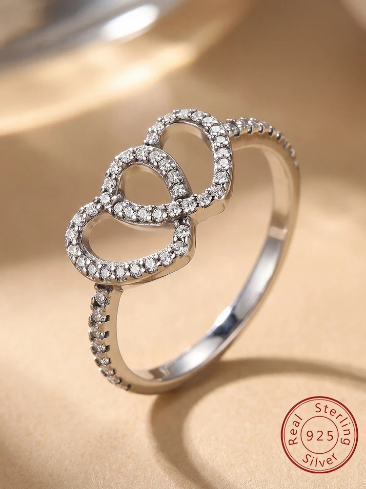925 Sterling Silver Sweet Hollow Double Love Heart Zircon Ring For Women Anniversary Engagement High Quality Jewelry Gift