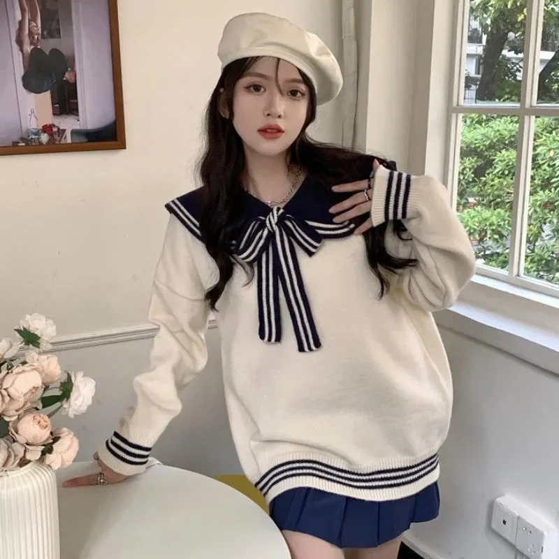 Women\'s Sweaters Gentle Contrasting Color Sailor Collar Bow Knitwears Loose Casual Sweet College Style Pullovers Ladies Clothing