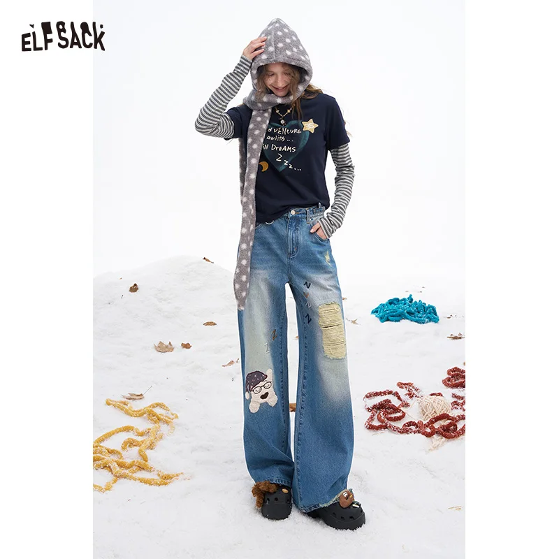 ELFSACK 2025 الشتاء الوافدين الجدد Y2K عادية فضفاض الكلب الجرافيك ممزق المتعثرة مستقيم الطابق طول الجينز للنساء