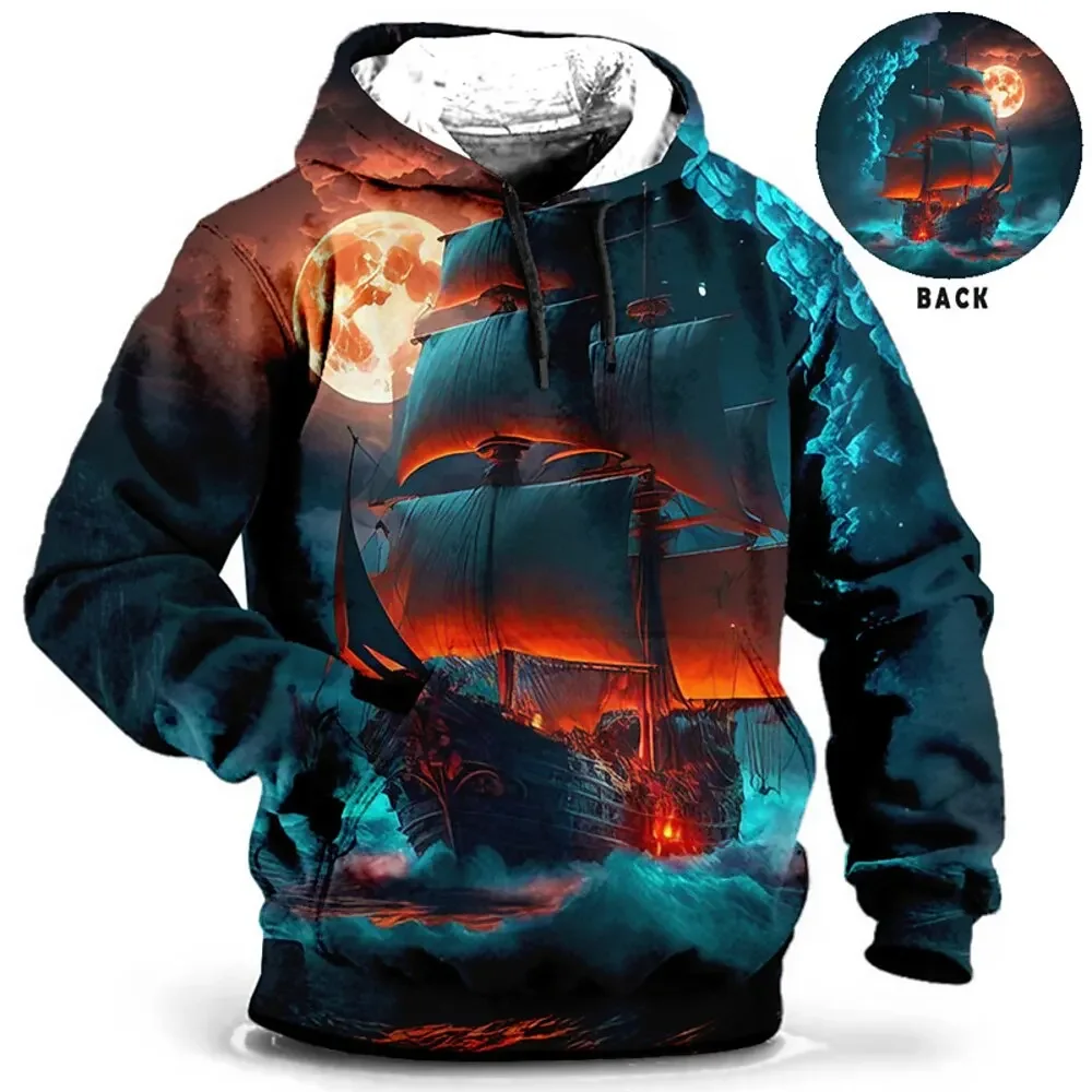 Sweatshirts for Men with Wolf Pattern Design Hooded Shirt Kanye Casual Long Sleeved 3d Dragon Print Clothing Oversized Loose Top