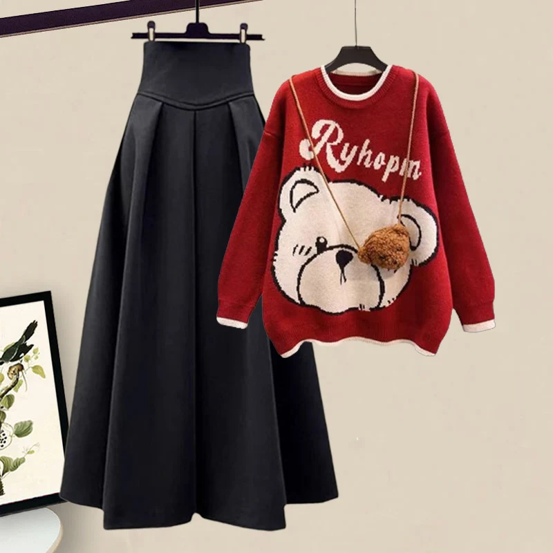 

Красный вязаный свитер женский зимний, новинка, в стиле «ленивый шик», с юбкой с завышенной талией, комплект из хлопковой смеси, милый и стильный