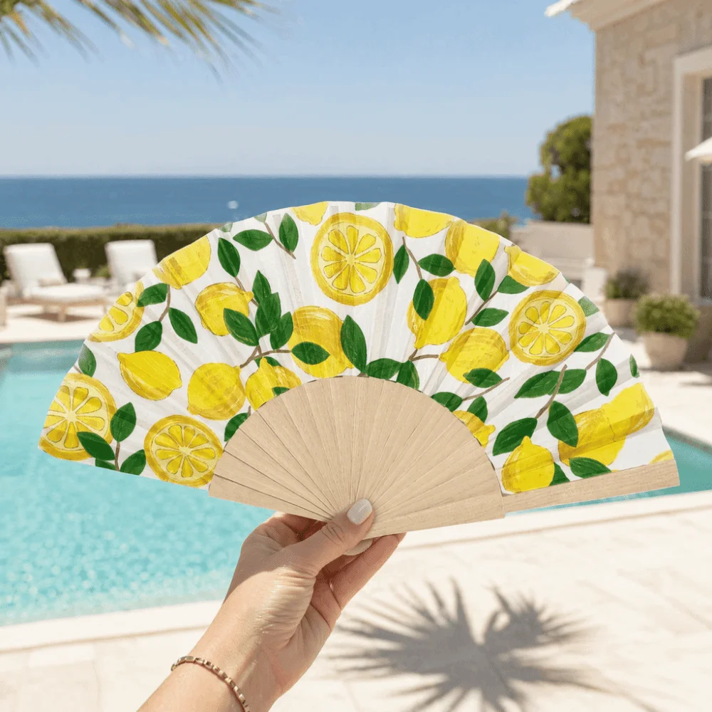 Fashion Lemon Print Folding Hand Fan Delicate Creative Chinese Style Fan Wooden Handle Portable Decorative Fan Photography