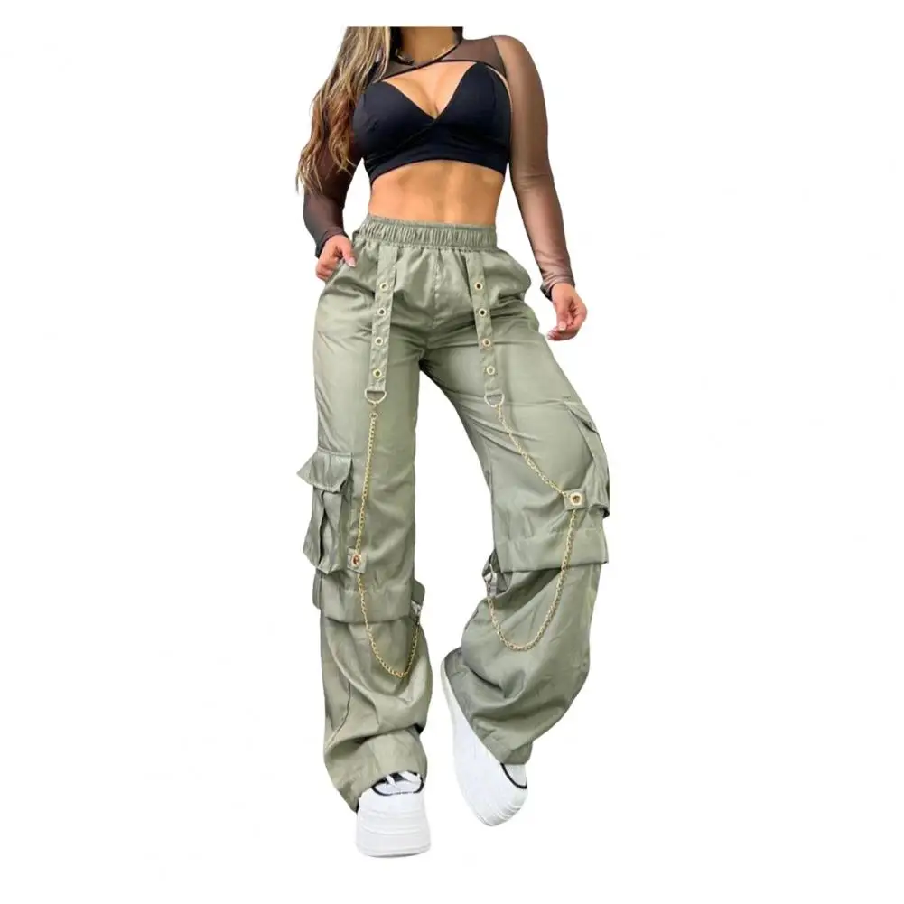 

Comfortable Overalls Stylish Women's Cargo Pants with Elastic High Waist Chain Straps Multi Pockets Trendy Straight for Ladies