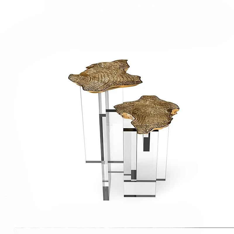 

Light luxury art acrylic brass coffee table villa living room sofa creative side table
