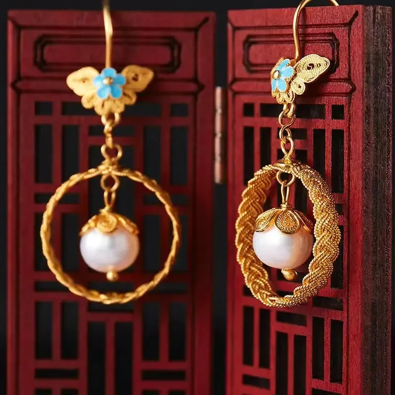 Chinese Style Vintage Filigree Inlaid Burnt Blue Butterfly Gilded Pearl Pendant Earrings for Women Wedding Party Jewelry Gift