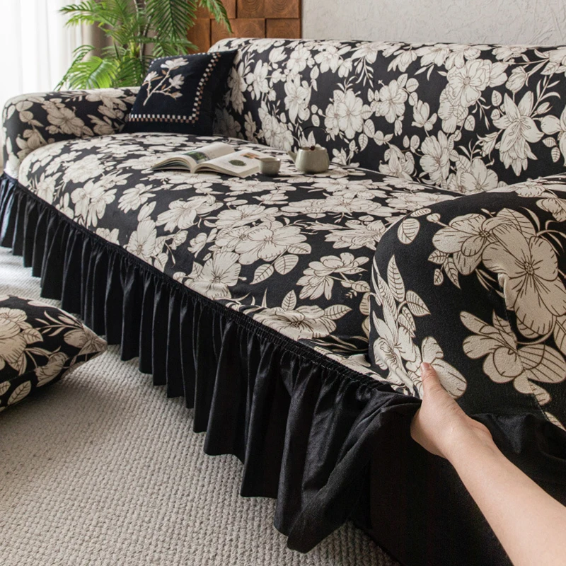 Retro Flower Polar Fleece Sofa Cover Elastic Anti-Stain All-Inclusive Couch Slipcover Adjustable Armchair Protector with Skirt
