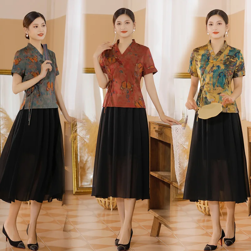 New Summer Women's Top Short Improved Satin Half-Length Cheongsam Dress Country Clothing Suit
