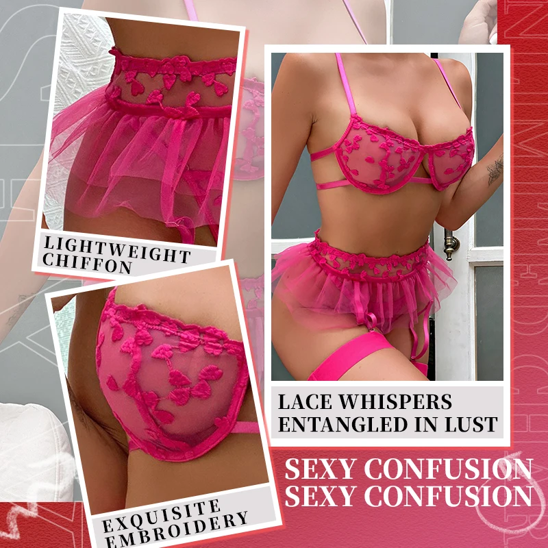 Sexy Bra Sets for Women Strap Lingerie Lace Embroidery Heart-shape Fairy Seamless Underwear See Through Exotic Set Bra Brief Set