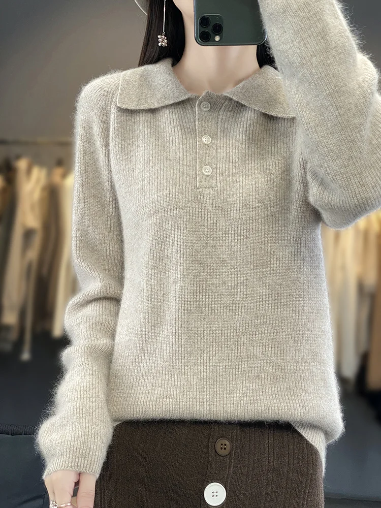 Aliselect wanita 100% Mink kasmir Sweater musim dingin musim semi Pullover baru rajutan PoLo leher kemeja atasan padat pakaian kasual