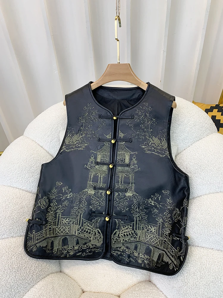 2024 Autumn Fashion Women\'s High Quality Chinese Style Embroidery Real Leather Vest Jackets C138