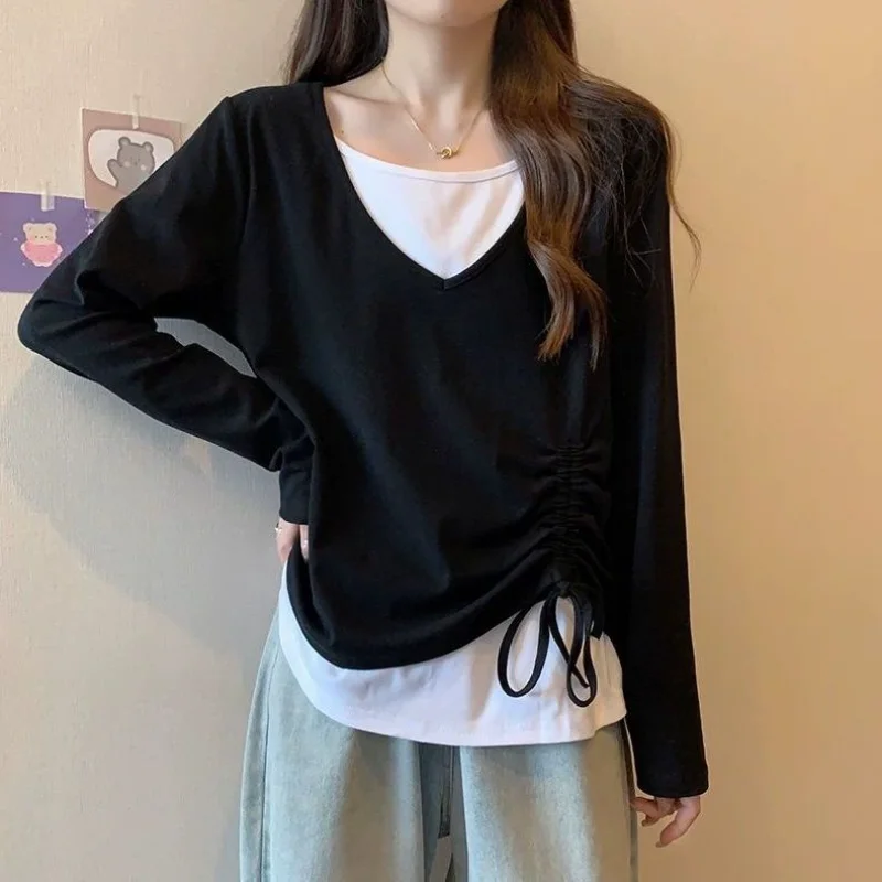 Contrasting Colors Patchwork T-shirts Spring Fake Two Pieces Women's Clothing Stylish Shirring Drawstring Loose Pullovers JJ64