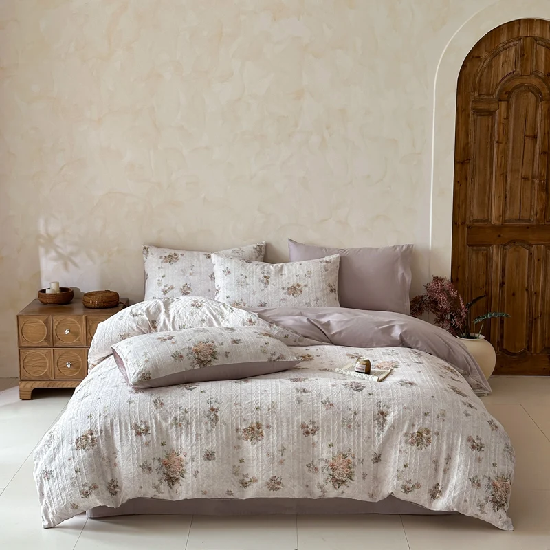 60S Washed Embossed Jacquard Cotton Bedding Set, Vintage Country Style Floral Print Duvet Cover 100% Cotton Bed Sheet Pillowcase