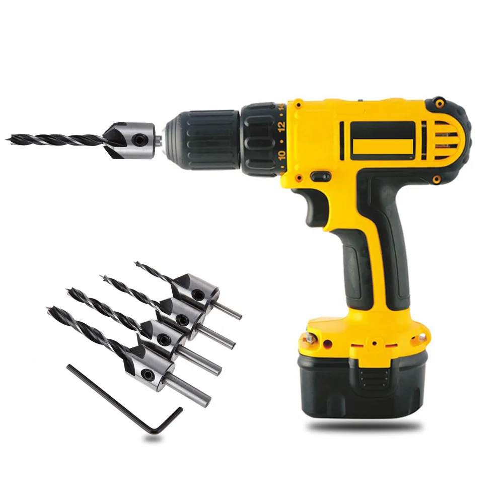 Broca escareadora de três pontas para carpintaria, 4 unidades, 3-6mm hss conjunto de brocas escareadoras 5 flauta reamer chanfro para carpintaria