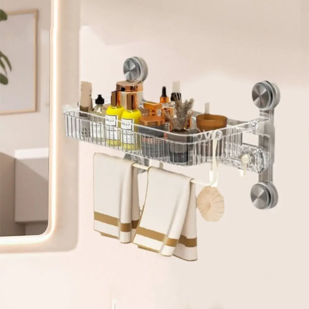 

Wall Mounted Suction Cup Bathroom Shelf Space Saving Plastic Toilet Storage Racks Large Capacity with Towel Shelf and Hooks