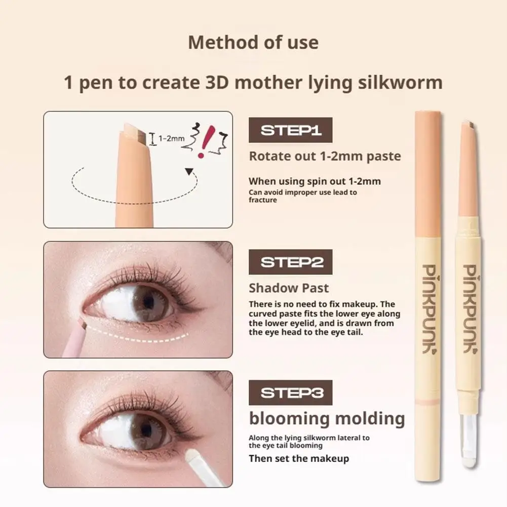 La penna del baco da seta a doppia testa illumina il contorno 2in1 baco da seta naturale con pennello per il trucco degli occhi impermeabile Doodle rosa di carne per principianti
