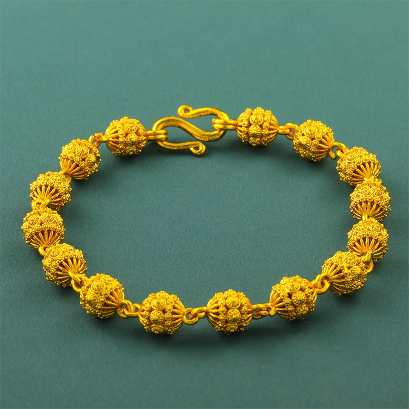 Chinese Style Lucky Blessing Gold Color Filigree Lantern Bead Bracelet For Women Men Vintage Hollow Hydrangea Beaded Chain High