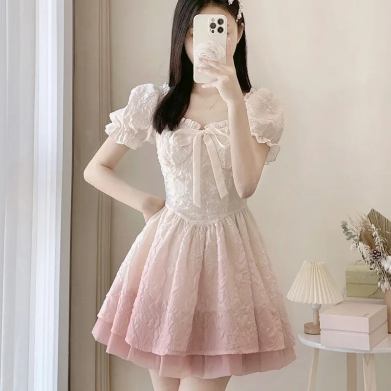 

French Sweet Fairy Lolita Dress Women Short Sleeve High Waist Y2k Mini Kawaii Maid Costume One Piece Dress Korean 2023 Summer