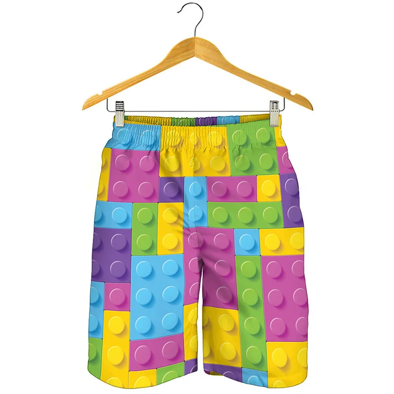 Shorts de praia estampados em 3D para homens, blocos criativos, calções de pranchas de surf legais, moda infantil, verão