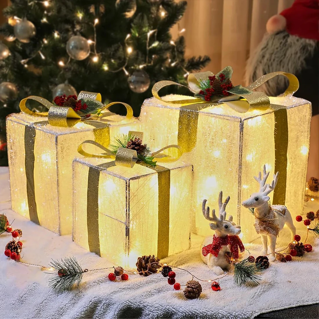 

3x Fairytale Effect With 3 Sets Of Luminous Gift Boxes Christmas Decorations Outdoor Cake Box