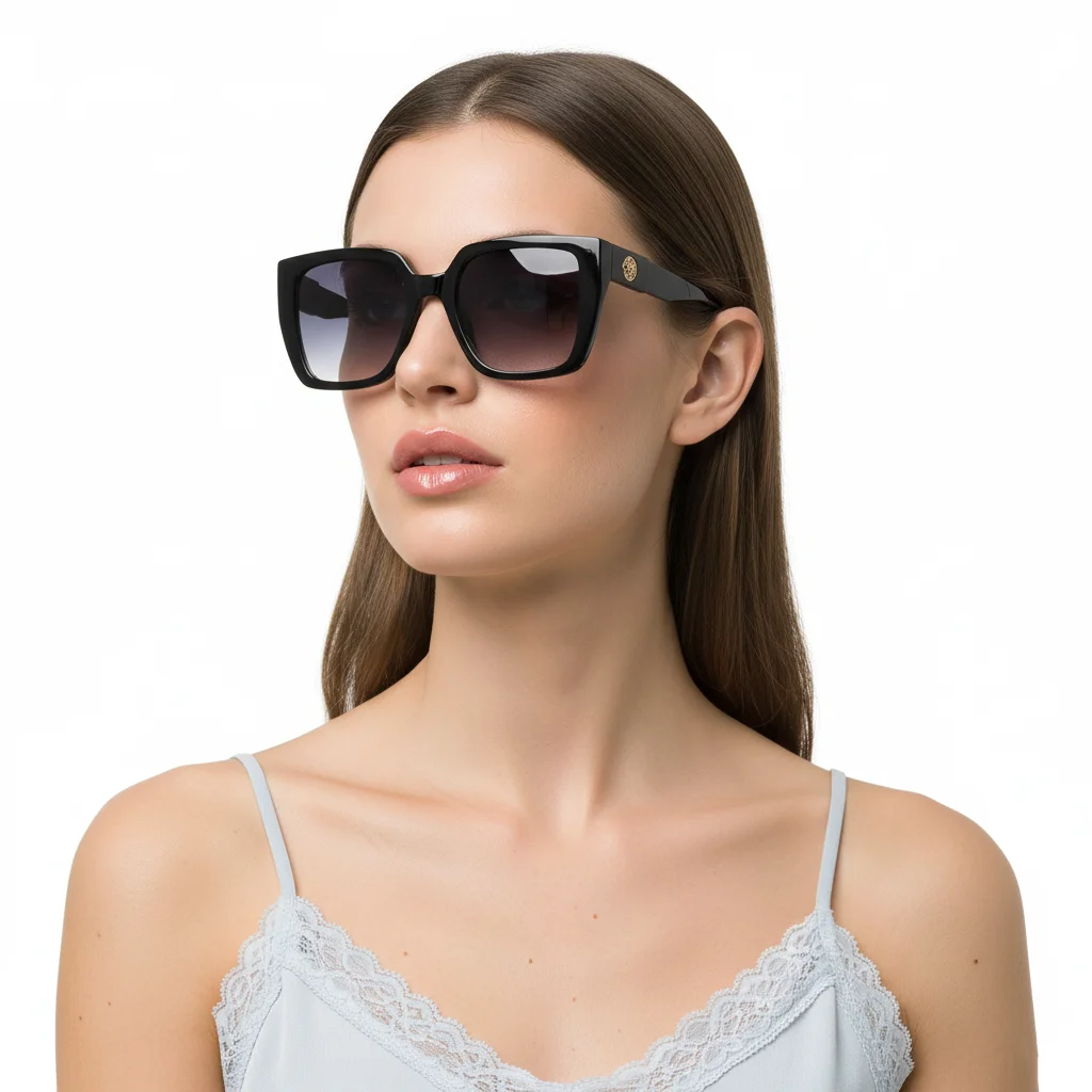Übergroße Quadratische Sonnenbrille für Damen Retro Dicker Rahmen Schutz HD Verlaufsgläser mit Goldmedaillon-Bügeldetail
