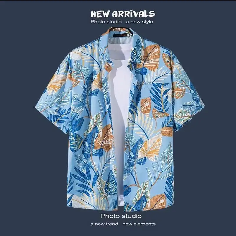 Desenhos animados havaianos com estampa solta masculina, camisa de rua, camisa diária de verão casual, tops de manga curta